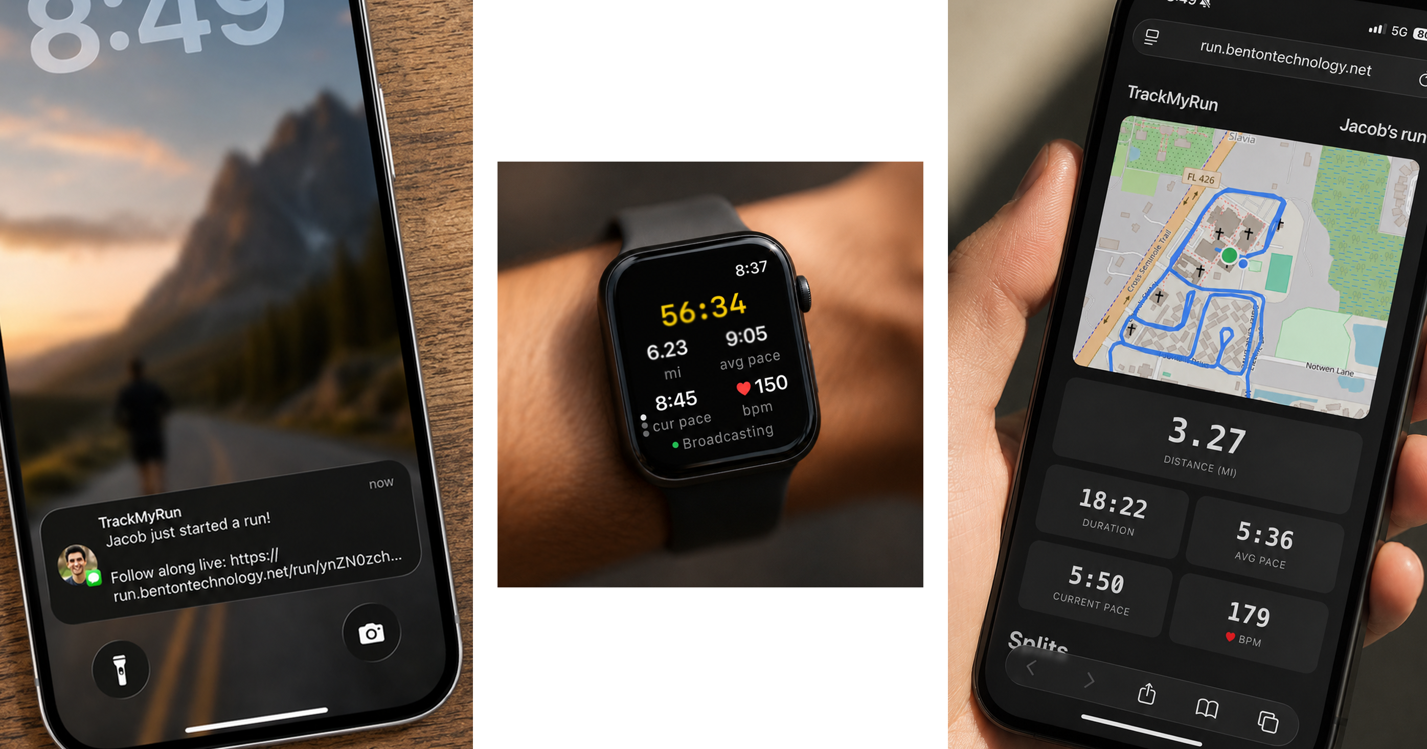 iPhone showing a TrackMyRun SMS notification and the live dashboard with map, pace, and heart rate