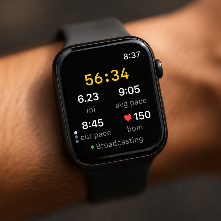 Apple Watch showing TrackMyRun active run screen with pace, distance, and heart rate